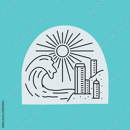 The city near beach with wave illustration in mono line art design