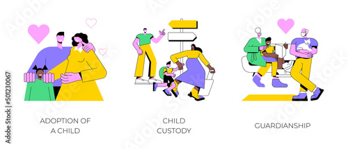 Parenting abstract concept vector illustration set. Adoption of a child, custody and guardianship, foster care parent, family conflict, orphanage, adoptive parents, separation abstract metaphor.