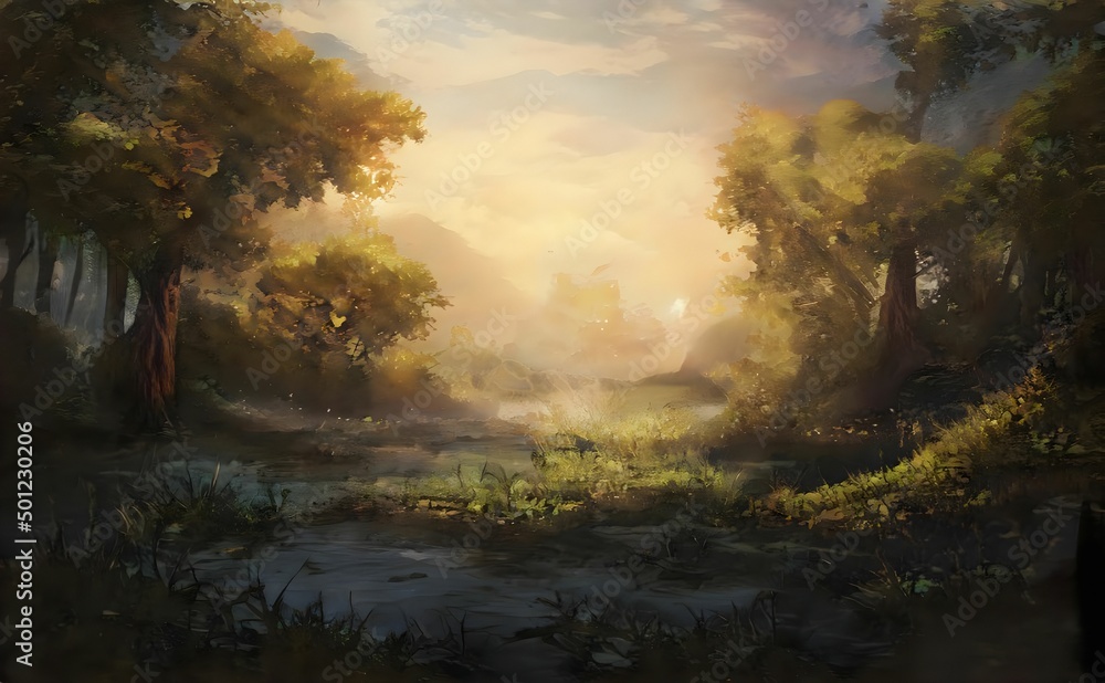 an artistic painting depicting a quiet place in the woods