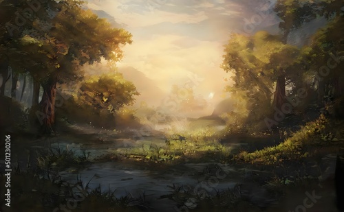 an artistic painting depicting a quiet place in the woods