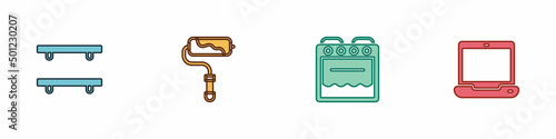 Set Empty wooden shelves, Paint roller brush, Oven and Laptop icon. Vector