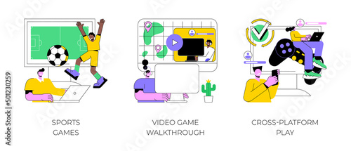 Digital gaming abstract concept vector illustration set. Sports games, video game walkthrough, cross-platform play, console playing, online multiplayer, e-sport league, streaming abstract metaphor.