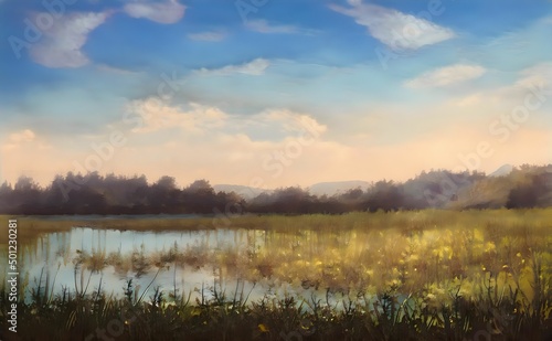 an oil painting of a field with a lake and clouds in the sky