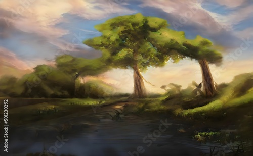 an oil painting of some trees near a pond