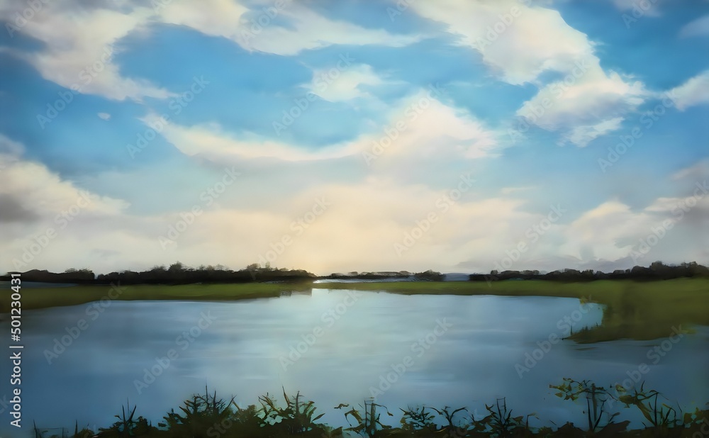 a painting of a body of water under a cloudy sky