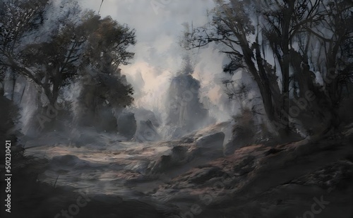 a painting of a misty forest with rocks and trees