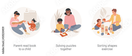 Cognitive and creative skills in home education isolated cartoon vector illustration set. Parent read book to a child  solving puzzles together  sorting shapes  mental ativity vector cartoon.