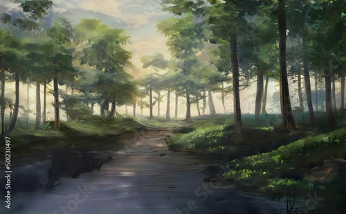 a painting of a creek through the woods