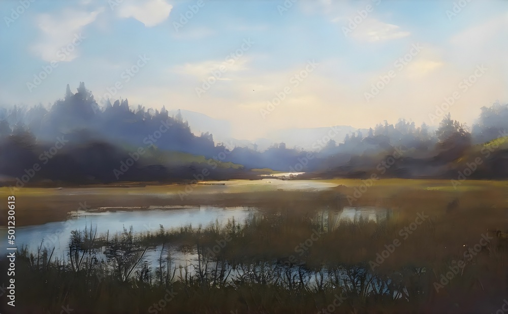 a painting of a field with water and grass in the background