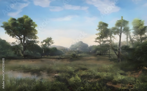 a painting of the countryside with many trees