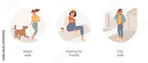 Spending time outdoors abstract concept vector illustration set. Teenage girl run with dog at seaside, beach walk, waiting for friends in town, walking in the city, listen to music abstract metaphor.