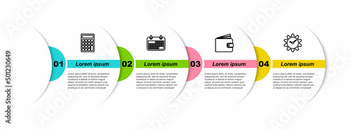 Set line Calculator, Calendar, Wallet and Time Management. Business infographic template. Vector