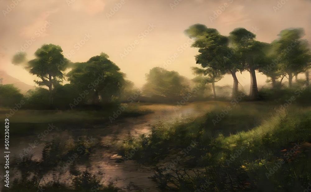 a forest with grass, trees and shrubs a forest with grass, trees and shrubs