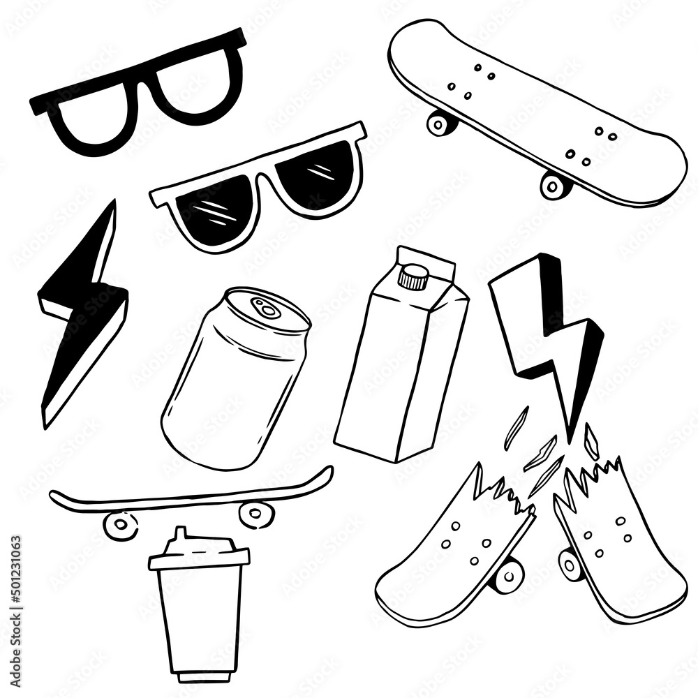 Skateboard hand drawn, Vector Illustration doodle style. Stock Vector