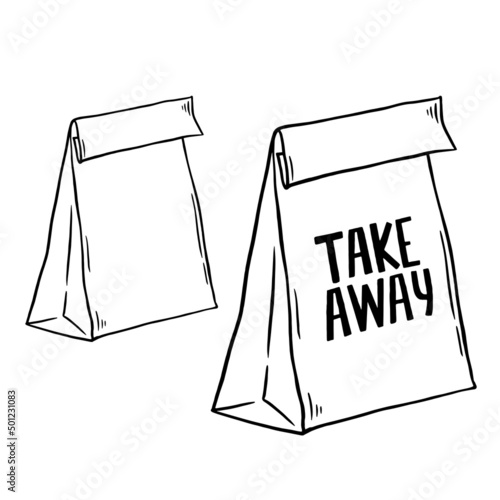 Hand drawn set of a take away bag. Vector illustration Burger house and take away. Doodle takeaway box.