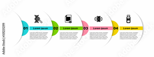 Set line DNA research, search, Paper page with eye, Gene editing and Medical vial, ampoule. Business infographic template. Vector
