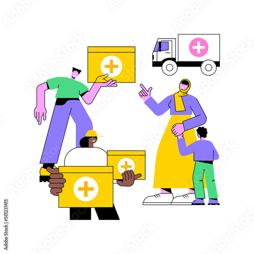 Aid to disadvantaged groups abstract concept vector illustration. Humanitarian aid, material assistance, government volunteer help, vulnerable people, basic necessities, shelter abstract metaphor.