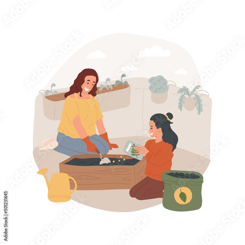 Balcony gardening isolated cartoon vector illustration. Mother and child planting seeds in a pot, kid holding shovel, poring earth, home balcony gardening, growing herbs vector cartoon.