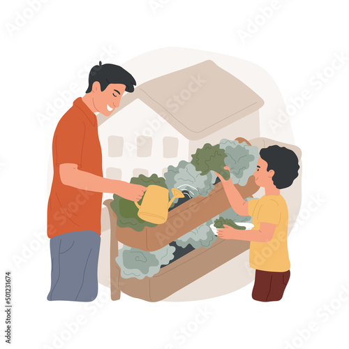 Growing herbs and leafy greens isolated cartoon vector illustration. Parent and kid spraying leafy greens with water, growing lettuce at balcony, family hobby, home gardening vector cartoon.