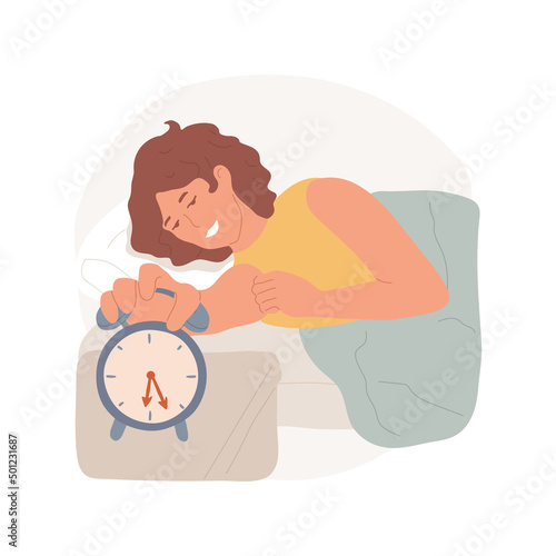 Waking up isolated cartoon vector illustration. Person holding hand on ringing alarm clock, family daily routine, waking up in the morning, kids playing around, lying in bed vector cartoon.