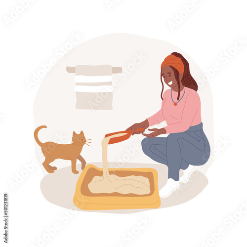Filling litter box isolated cartoon vector illustration. People taking care of a pet, daily routine, woman pouring a filler into the toilet tray, filling a cat litter box vector cartoon.