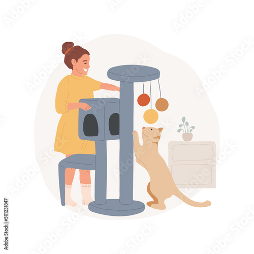 Scratching post isolated cartoon vector illustration. Happy cat playing with scratching post, child sitting and watching, pet accessories and toys, domestic animal routine vector cartoon.