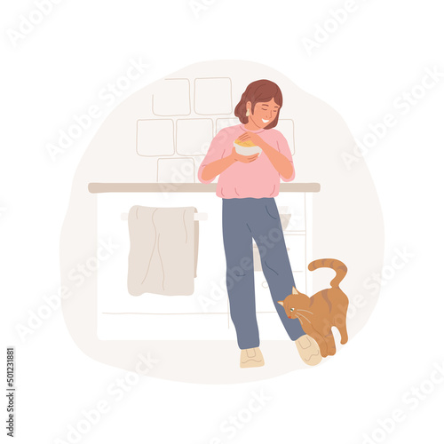 Cat rubs isolated cartoon vector illustration. Pet daily routine, cat rubbing against leg of the owner when person cooking, feline head butting, domestic animal behavior vector cartoon.