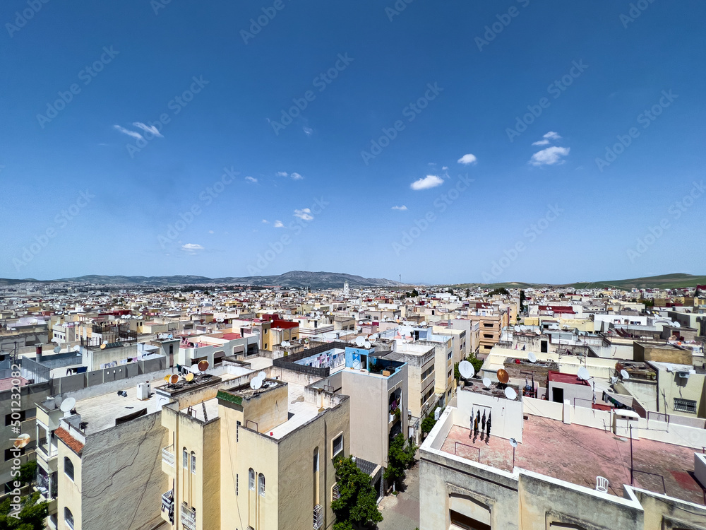 Aerial view over an urban neighborhood in Morocc