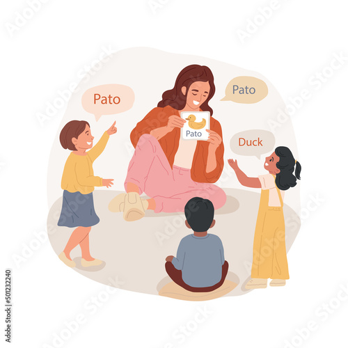 Cards with animals isolated cartoon vector illustration. Learn animal names in foreign language, bilingual kindergarten, teacher showing card to a child, early education program vector cartoon.