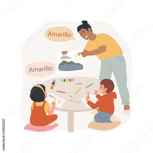 Learning color names isolated cartoon vector illustration. Child coloring picture, learning color name in foreign language, drawing class, bilingual immersion preschool program vector cartoon.