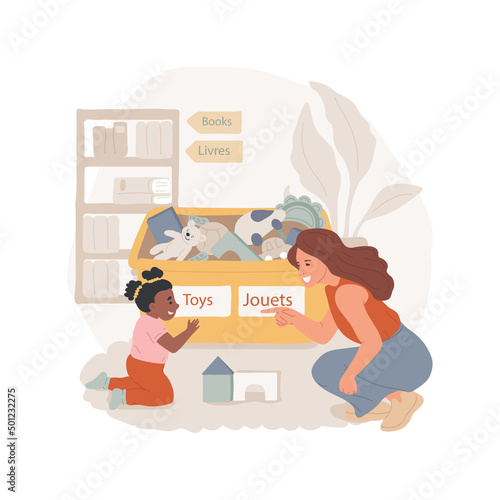 Class name plates isolated cartoon vector illustration. Signs areas of class in two languages, put dual name plates on boxes, bilingual classroom, immersion preschool program vector cartoon.