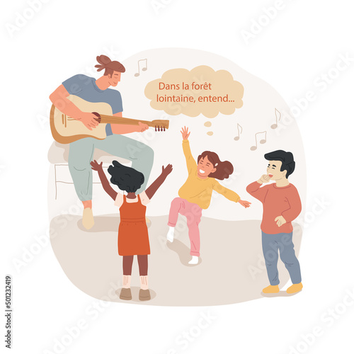 Song with dance moves isolated cartoon vector illustration. Singing song with moves, dance steps with foreign language lyrics, creative learning, bilingual preschool education vector cartoon.