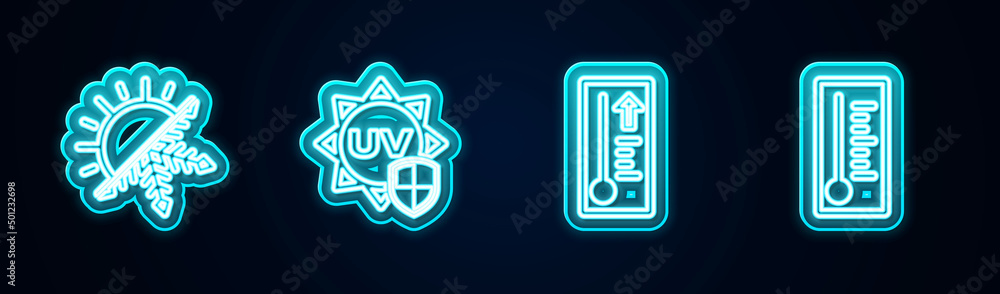 Set line Sun and snowflake, UV protection, Meteorology thermometer and . Glowing neon icon. Vector Set line Sun and snowflake, UV protection, Meteorology thermometer and . Glowing neon icon. Vector