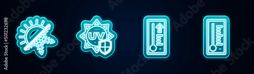 Set line Sun and snowflake, UV protection, Meteorology thermometer and . Glowing neon icon. Vector