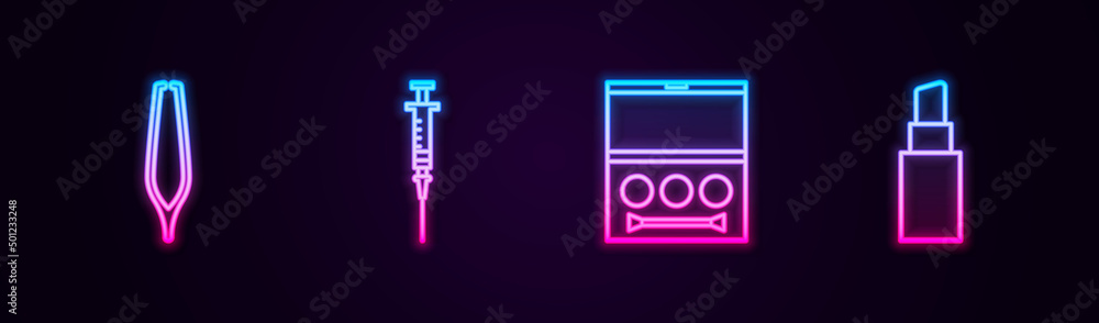 Set line Eyebrow tweezers, Syringe, shadow palette and Lipstick. Glowing neon icon. Vector