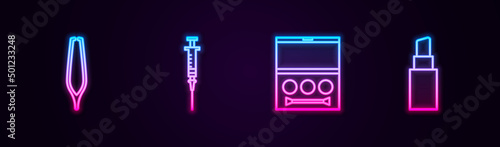 Set line Eyebrow tweezers, Syringe, shadow palette and Lipstick. Glowing neon icon. Vector