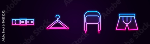 Set line Leather belt, Hanger wardrobe, Winter hat with ear flaps and Men underpants. Glowing neon icon. Vector