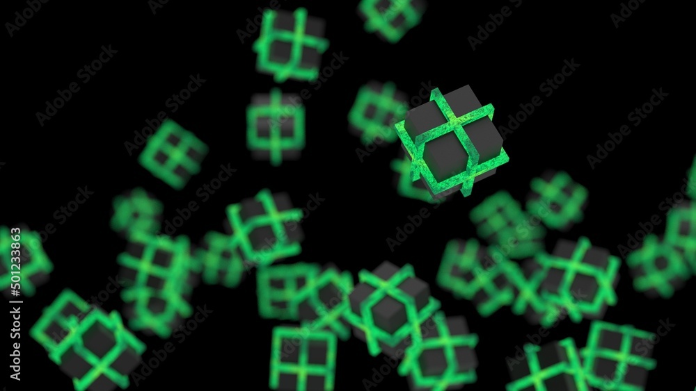 Green illuminated cubes under black background. Block chain network technology concept illustration. 3D illustration. 3D CG. 3D high quality rendering. 