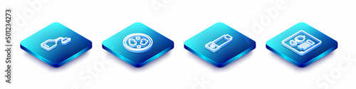 Set Isometric line Medical oxygen mask, Petri dish with bacteria, Inhaler and X-ray shots icon. Vector
