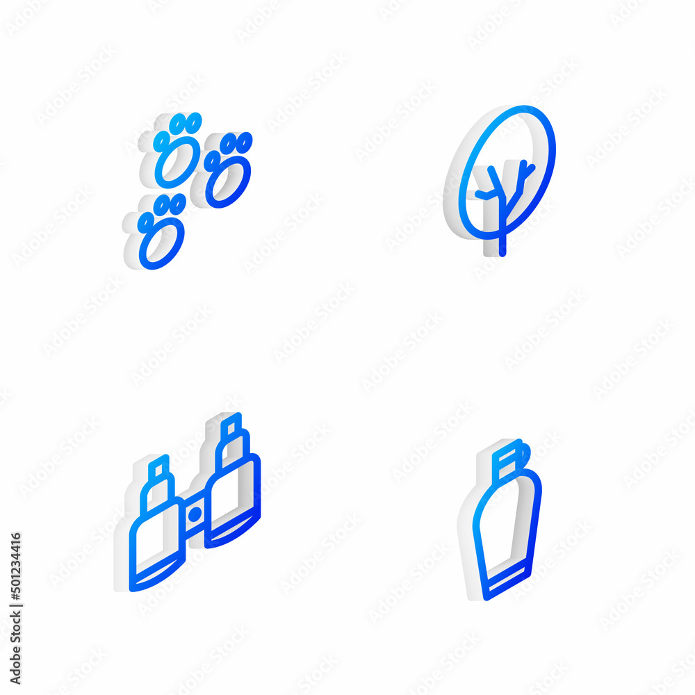 Set Isometric line Tree, Paw print, Binoculars and Canteen water bottle icon. Vector Set Isometric line Tree, Paw print, Binoculars and Canteen water bottle icon. Vector