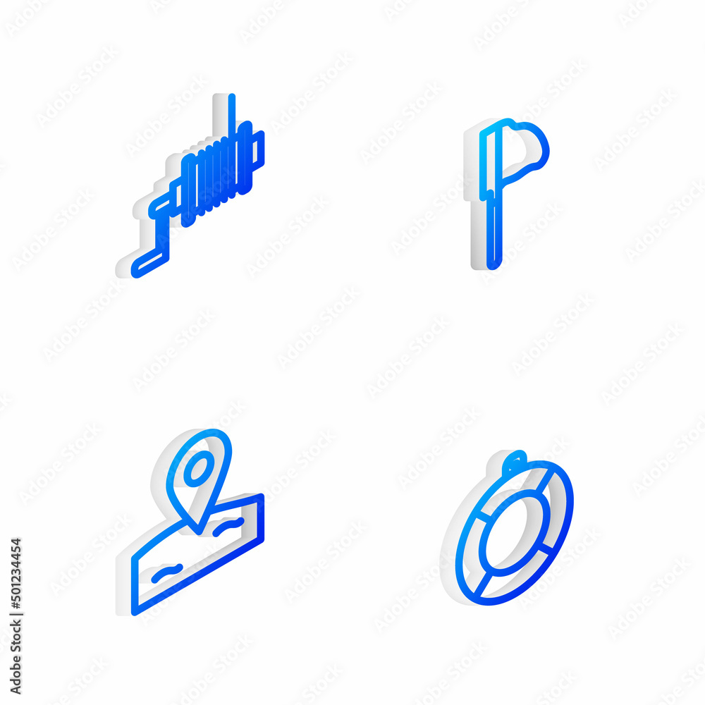 Set Isometric line Fishing net with fish, Spinning reel for fishing, Location and Lifebuoy icon. Vector Set Isometric line Fishing net with fish, Spinning reel for fishing, Location and Lifebuoy icon. Vector