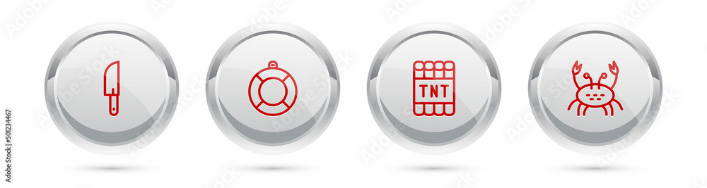 Set line Knife, Lifebuoy, Detonate dynamite bomb stick and Crab. Silver circle button. Vector Set line Knife, Lifebuoy, Detonate dynamite bomb stick and Crab. Silver circle button. Vector