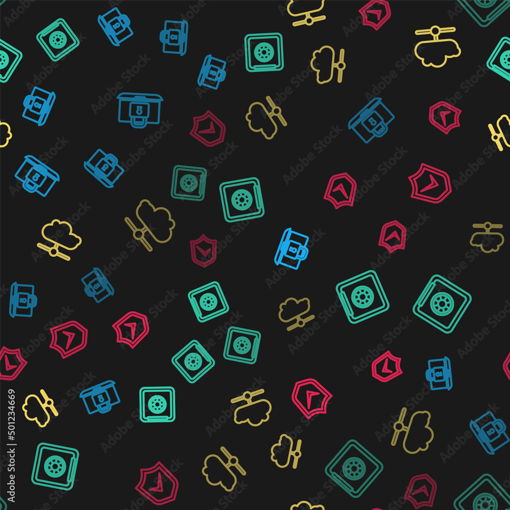 Set line Laptop and lock, Safe, Network cloud connection and Shield with check mark on seamless pattern. Vector Set line Laptop and lock, Safe, Network cloud connection and Shield with check mark on seamless pattern. Vector