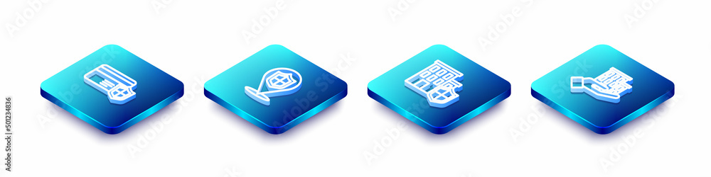 Set Isometric line Credit card with shield, Location, House and insurance icon. Vector Set Isometric line Credit card with shield, Location, House and insurance icon. Vector