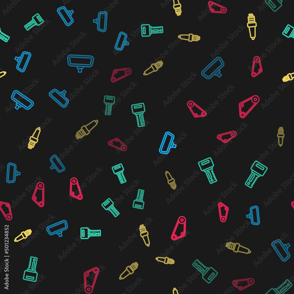 Set line Car mirror, key with remote, spark plug and Timing belt kit on seamless pattern. Vector Set line Car mirror, key with remote, spark plug and Timing belt kit on seamless pattern. Vector