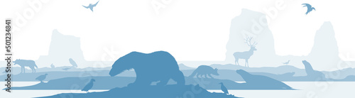 Foto vector seamless arctic with animals: polar bear, arctic fox, caribou, snowy owl,