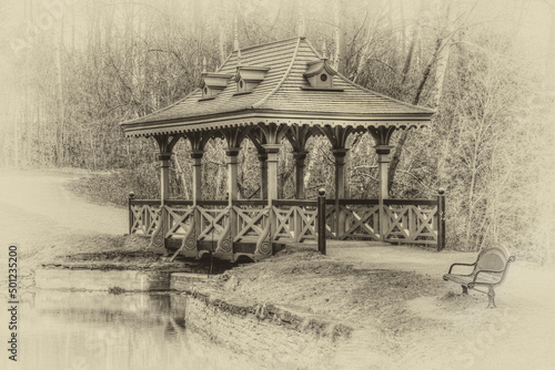 old fashioned pagoda and bridge at Jackson park Peterborough Ontario © Terry