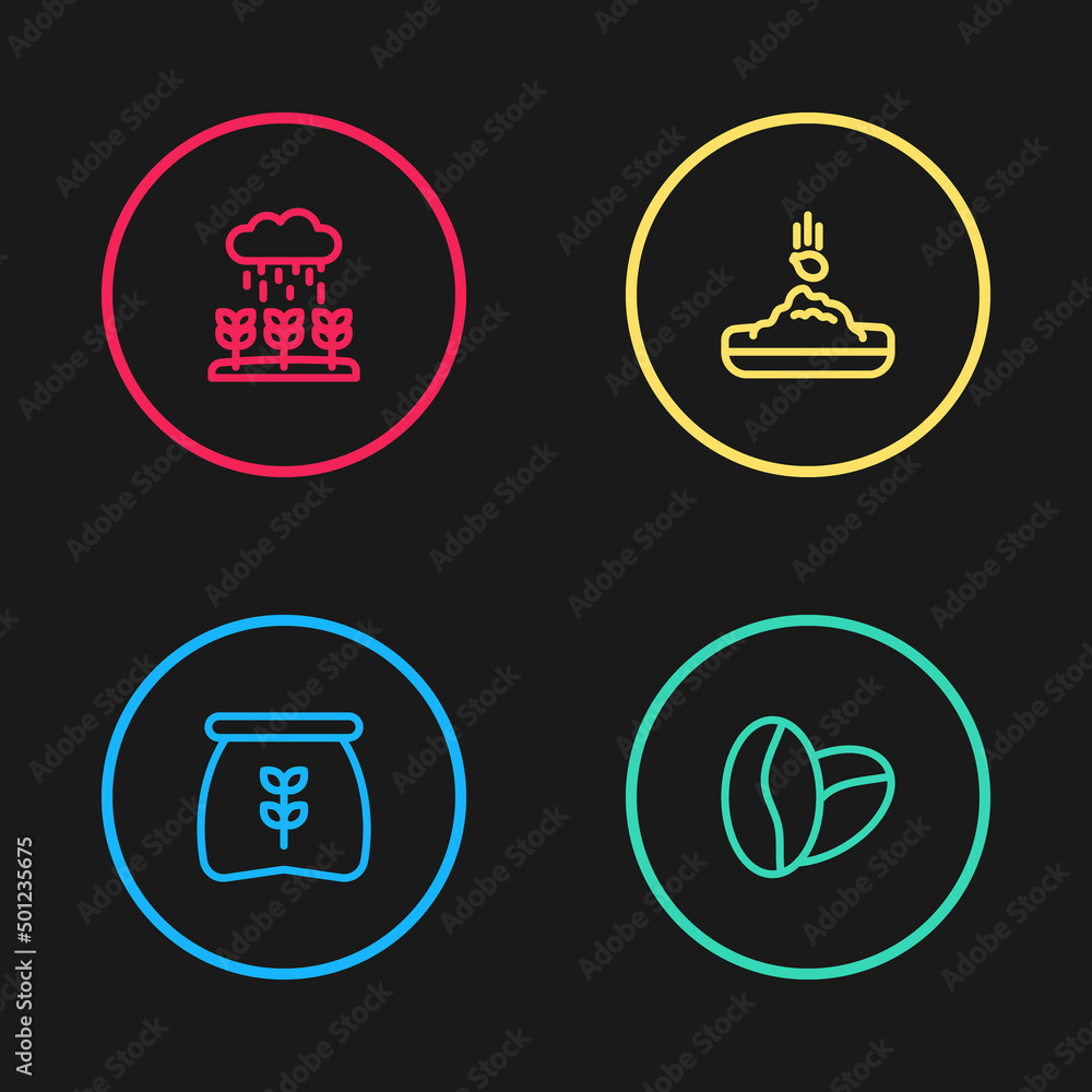 Set line Bag of flour, Coffee beans, Seed and Plant sprouts grow in the rain icon. Vector Set line Bag of flour, Coffee beans, Seed and Plant sprouts grow in the rain icon. Vector