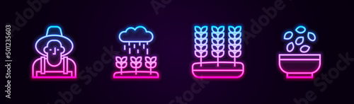 Set line Farmer in the hat, Plant sprouts grow rain, Wheat and Seeds bowl. Glowing neon icon. Vector