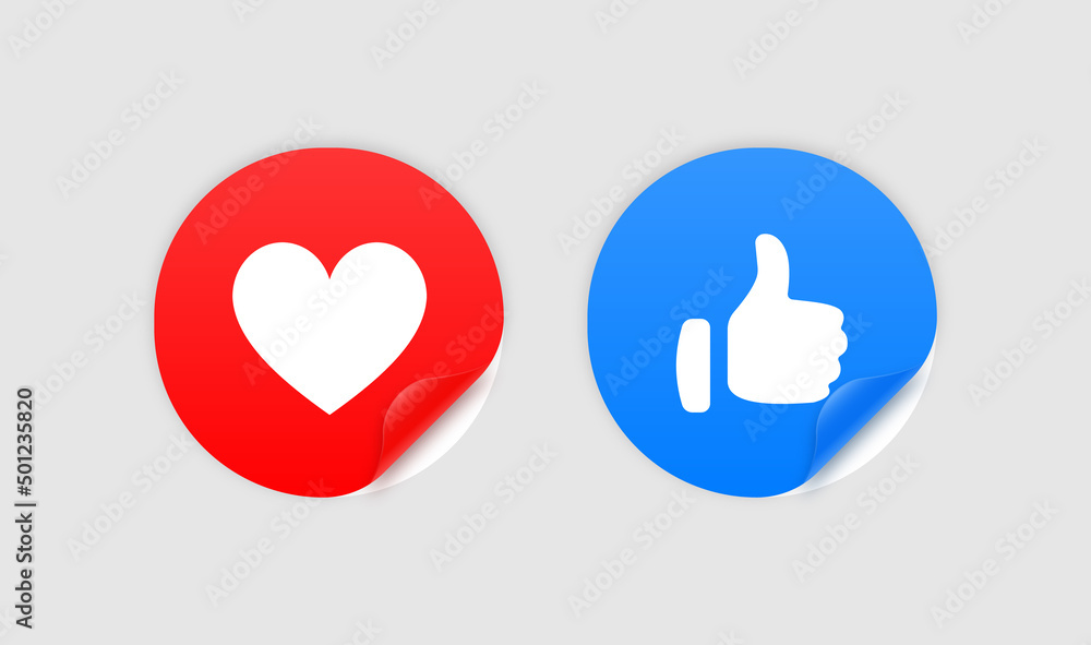 Like love icon sticker in round label with curved corner -  thumbs up and heart icons button stickers with curled edge for social media notification icons